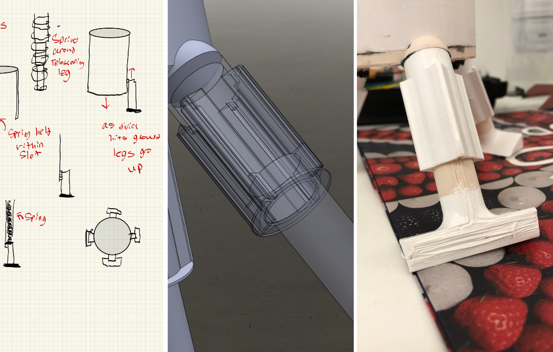 Landing system evolution — napkin sketch to SolidWorks model to final 3D-printed legs